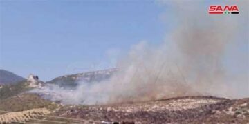 اندلاع حريق في حراج جورين بريف حماة جراء اعتداءات إرهابية